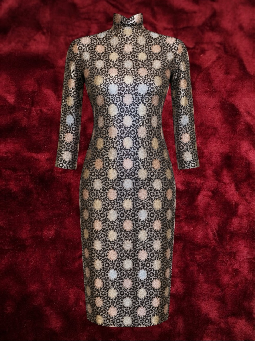 Vintage Cheongsam Qipao Dress Metallic Brocade Jacquard Floral High Neck Glam M